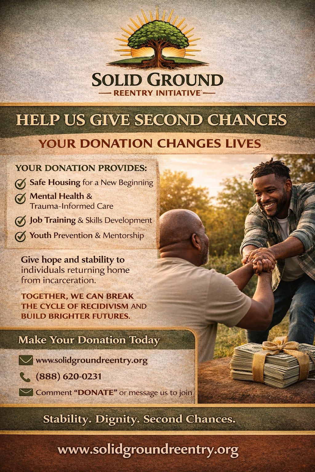 Help Us Give Second Chances — your donation provides safe housing, mental health care, job training, and youth mentorship. Stability. Dignity. Second Chances.